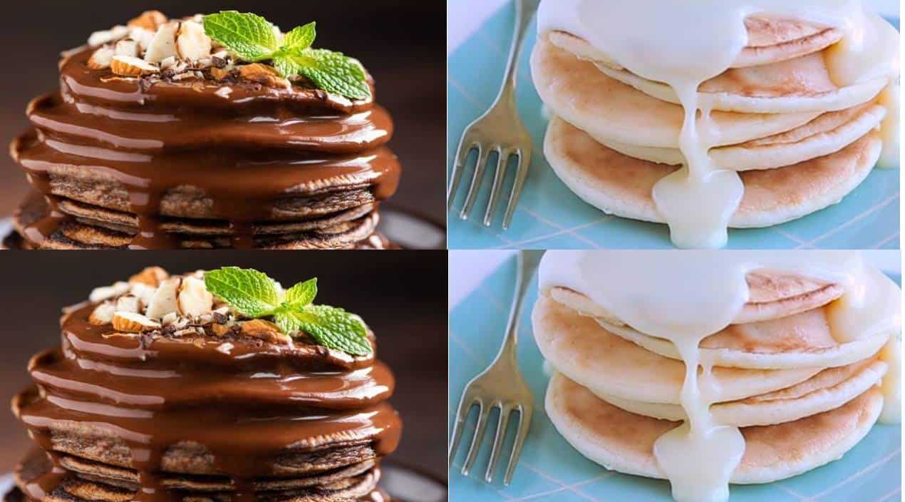 Panquecas de chocolate e leite condensado para o café ou lanche