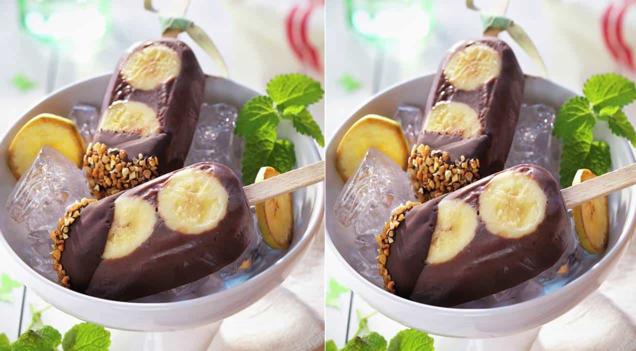 Esses picolés de chocolate preto e banana não são irresistíveis. Eles também têm baunilha e são cobertos com um delicioso crocante de amêndoa