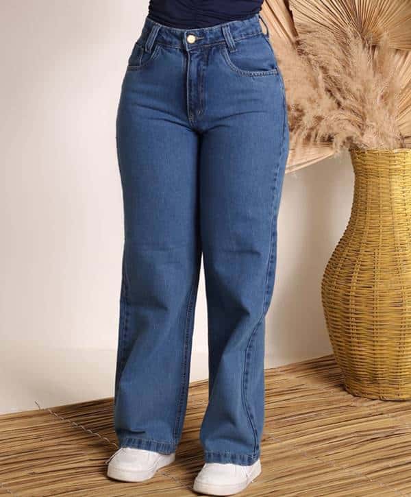 Calça jeans wide leg feminina, lavagem marmorizada