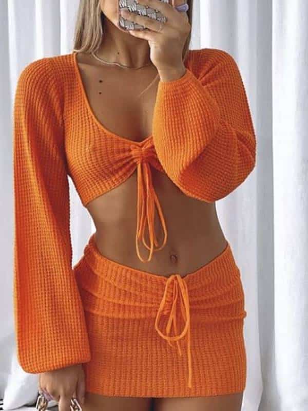 conjunto look de crochê laranja