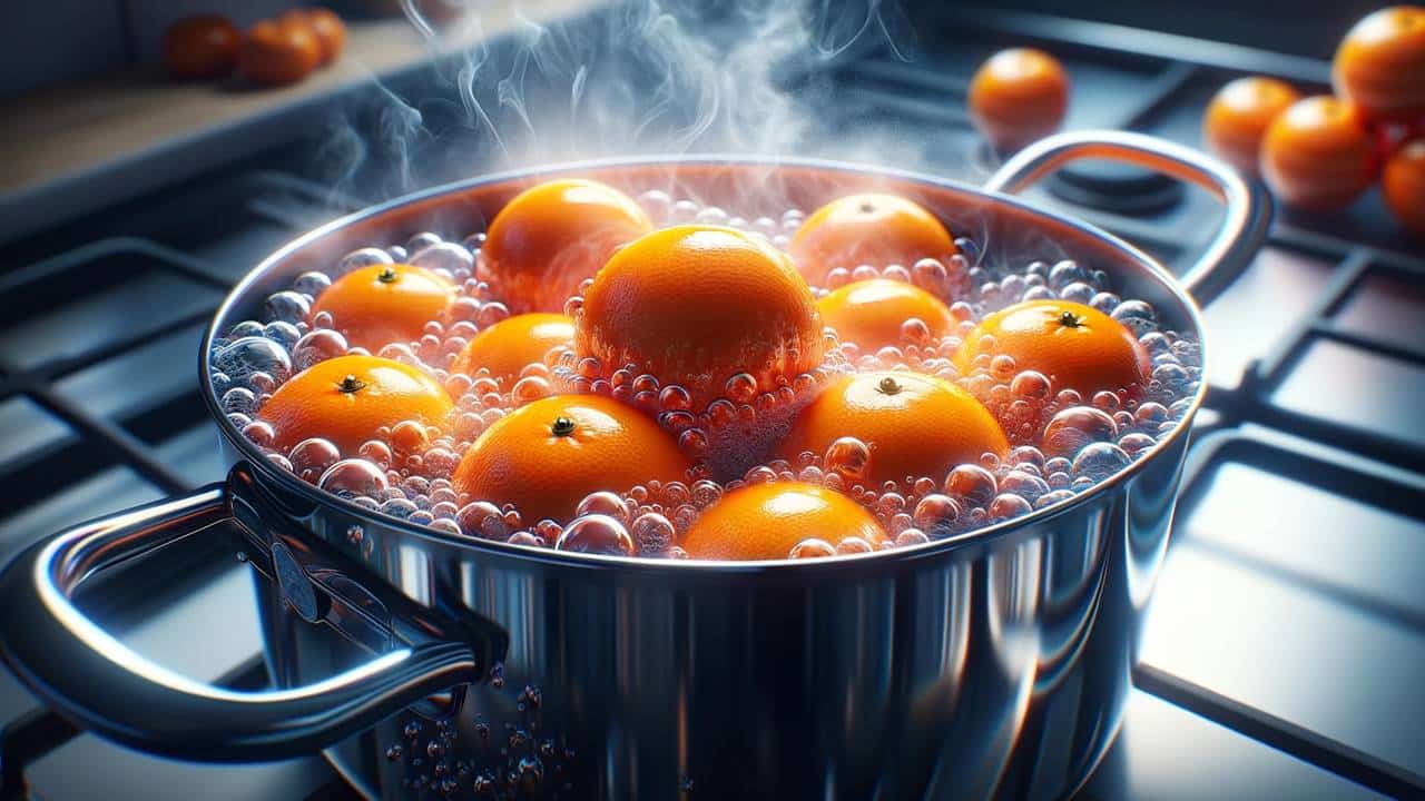 colocar algumas laranjas na água fervente