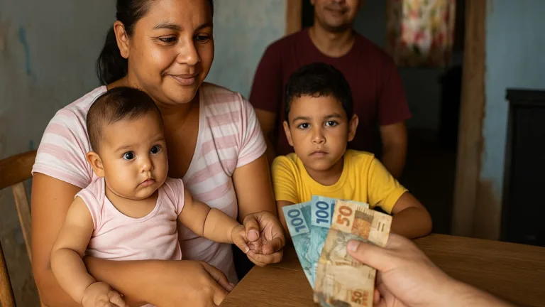 Família brasileira recebendo dinheiro do Bolsa Família 2025