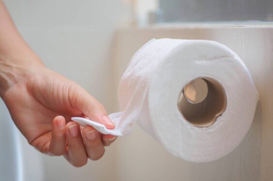 mulher com rolos de papel higiênico
